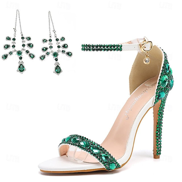Ankle Heels Stiletto Matching Women's with Rhinestone Green