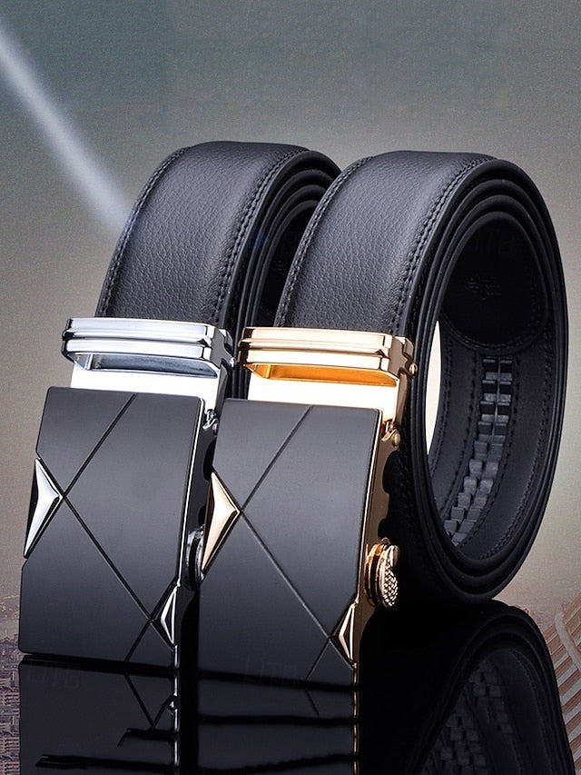 Elegant Belt Adjustable with Metal Men's Black Leather