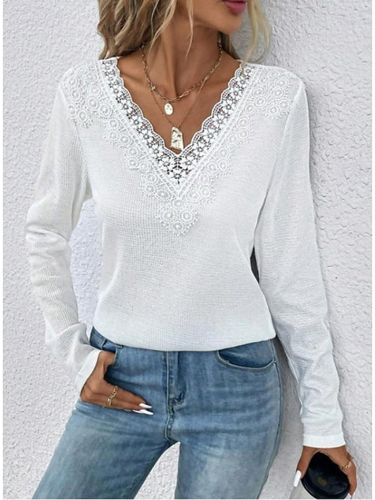 Women's White Elegant Lace Tops Eyelet Blouse Casual Lace