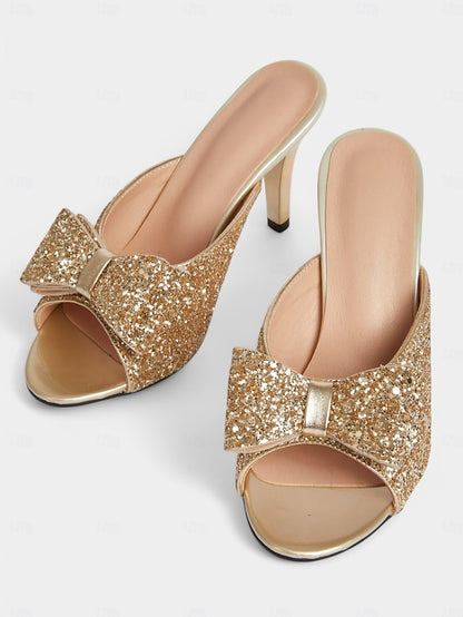 Mules Stiletto Party Gold Glitter Bow – Women's Glamorous