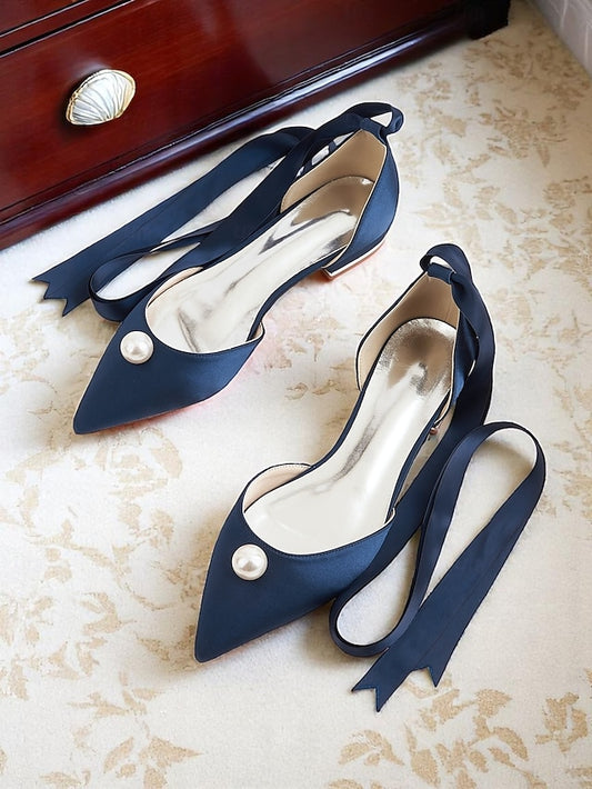 Satin Toe Embellished Pearl - Flats Pointed Women's Navy