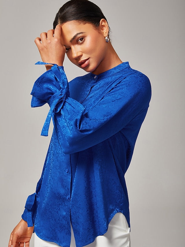 Women's Royal Blue Satin Shirt Subtle Jacquard Lustrous