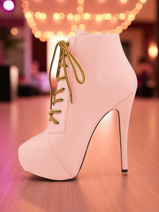 Boots Beige Platform Women's - Lace-Up Ankle Leather Faux