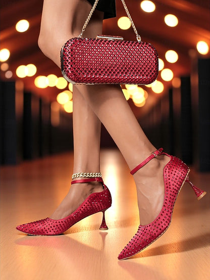 Clutch Rhinestone Matching and Bag Green Set Women's Heels