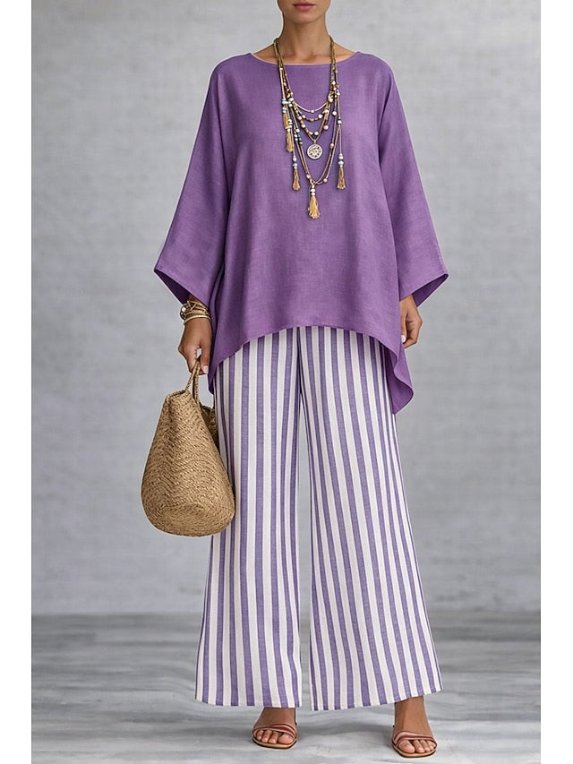 Women's Pants Sets Long Sleeve Round Neck Graphic Striped