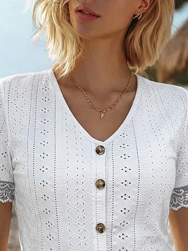 Women's T Shirt Lace T-shirt Tee Top Lace Patchwork Buttons