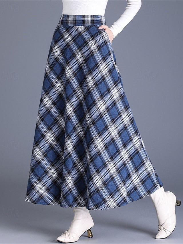 Women's Elegant Retro Vintage Maxi High Waist Skirts Plaid