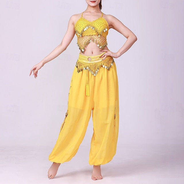 Latin Dance Top Gold Coin Pure Color Splicing Women's
