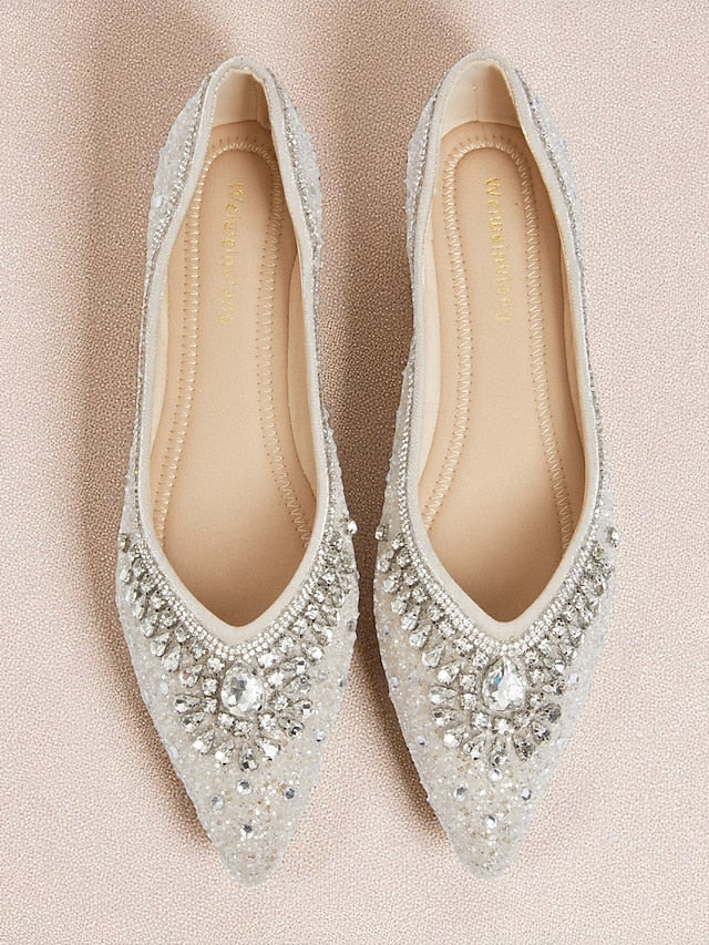 with Toe Glitter Flats Pointed Crystal Women's Silver
