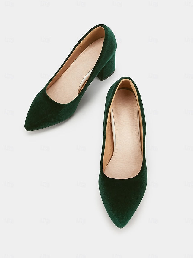 Block Green Heel Pointed Elegant - Women's Pumps Toe Velvet