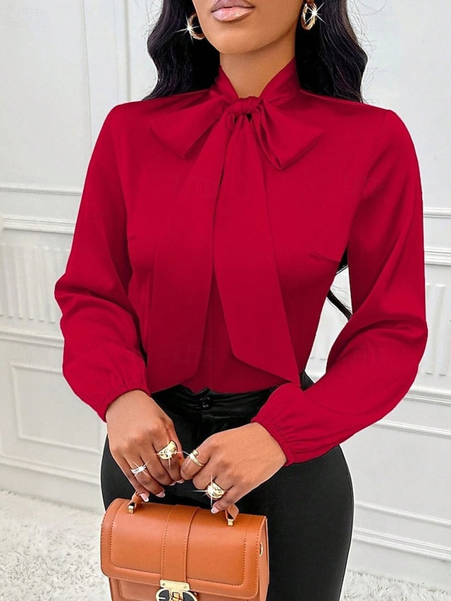 Women's Shirt Elegant Dressy Satin Top Bow Solid Color