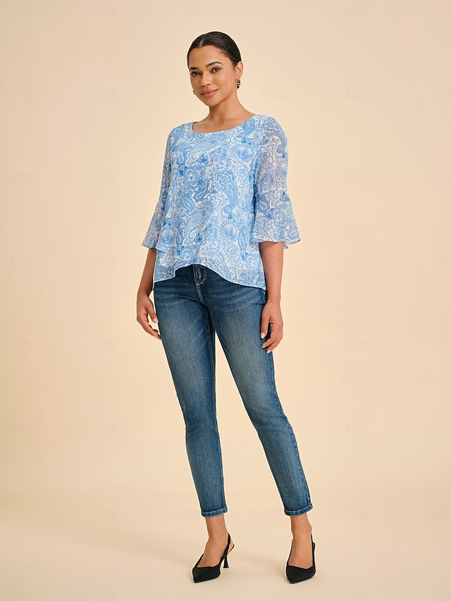 Women's Female Paisley Casual Sky Blue 3/4 Sleeve Elegant