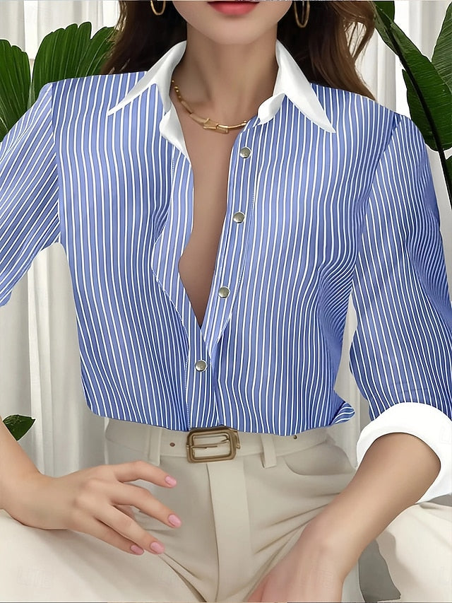 Women's Dress Shirt Blouse Buttons Print Striped Elegant