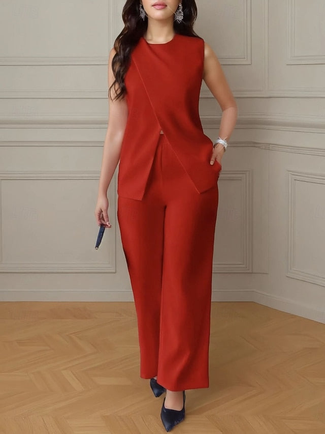 Women's Pants Sets Bolero Sleeveless Round Neck Solid Color