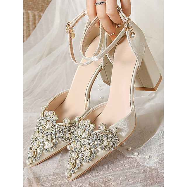 Pearl and Wedding Embellished Women's Heel Block Rhinestone