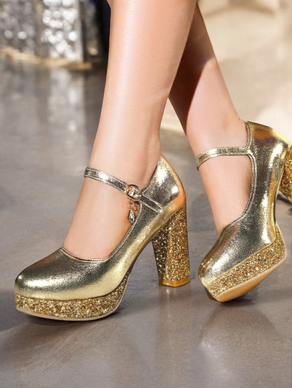 Pumps Glitter Heel Sparkly Jane Mary Block – Women's Gold