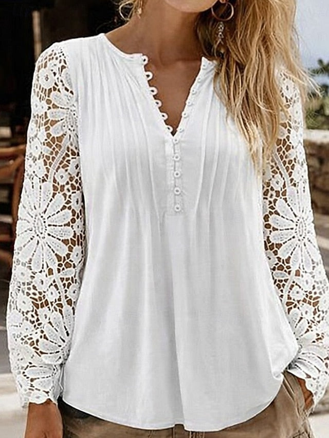 Women's Blouse Lace Tops Lace Buttons Solid Color Elegant