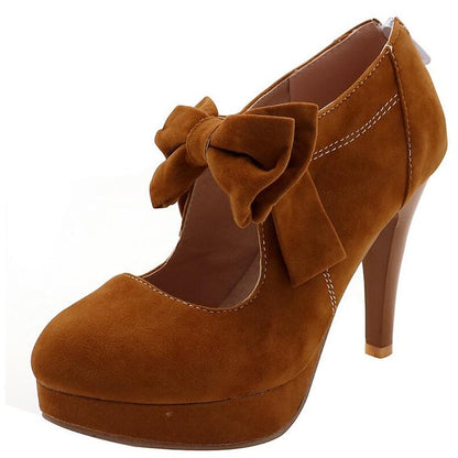 Vintage Heel Pumps Suede Women's High Bow Red Platform –