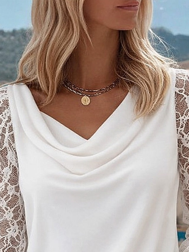 Women's Blouse Lace Patchwork Solid Color Stylish Casual