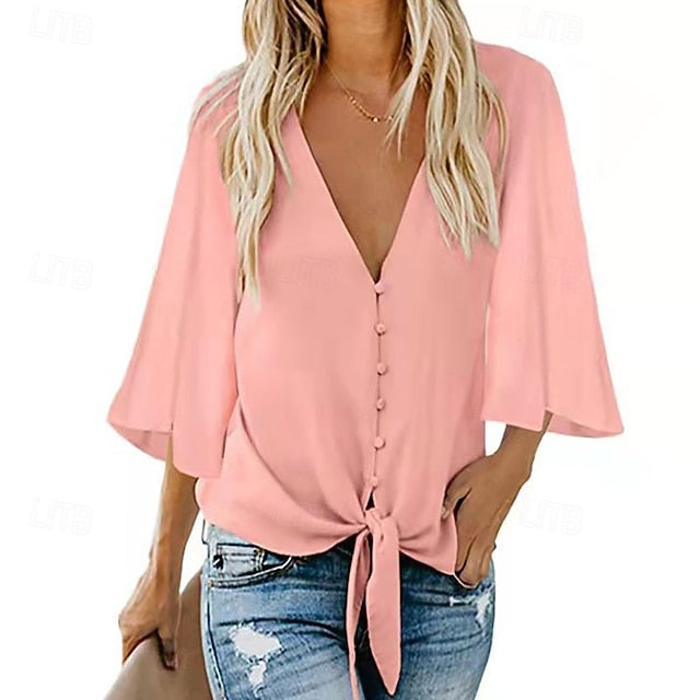 Women's Blouse Chiffon Tops Patchwork Plain Elegant Stylish