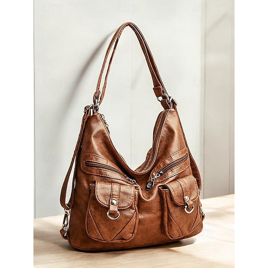 Brown Leather Women's Bag Multiple Faux Pockets with Hobo