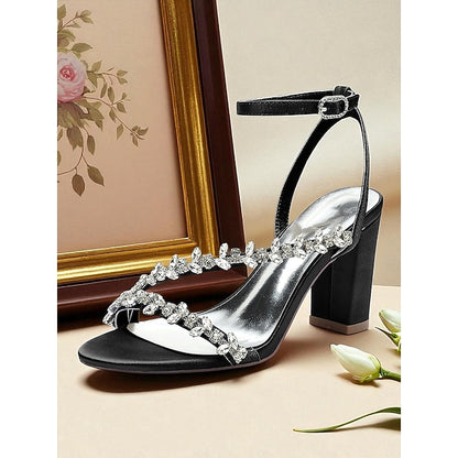 Rhinestone Women's Straps Block Heel - White Sandals with