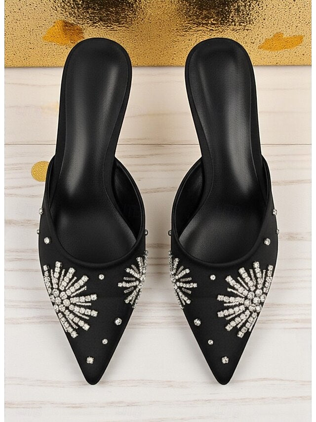with Pointed Women's Satin Toe Rhinestone Black Mules