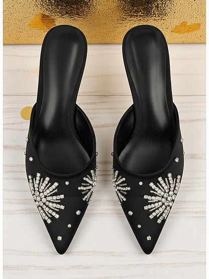with Pointed Women's Satin Toe Rhinestone Black Mules