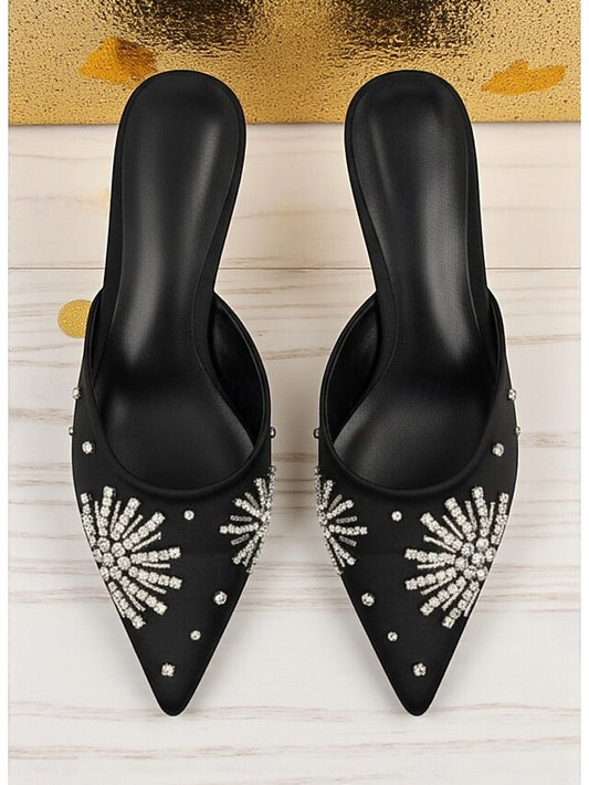 with Pointed Women's Satin Toe Rhinestone Black Mules