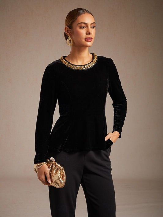 Women's Velvet Blouse Beaded Elegant Crew Neck Regular Tops