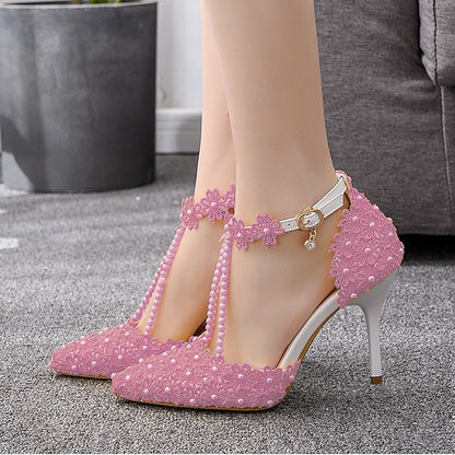 Heel Shoes Women's Wedding High Bridal Lace Pointed