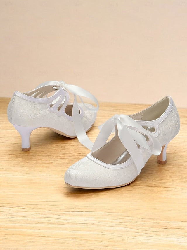 Pumps Lace White - Bridal Ribbon Ties Vintage Elegant with Satin