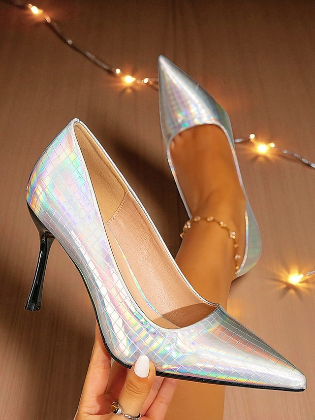 with Pointed Heels Women's Glossy Stiletto Holographic Toe