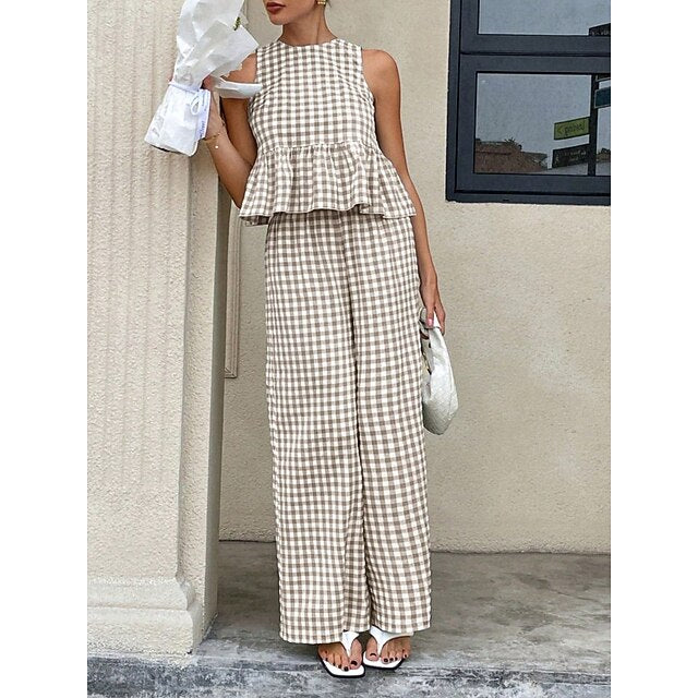 Women's Pants Sets Bolero Top Sleeveless Crew Neck Plaid
