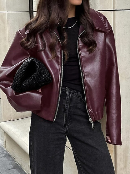 Zipper Women's Pocket Leather Jacket Comfortable Warm Faux