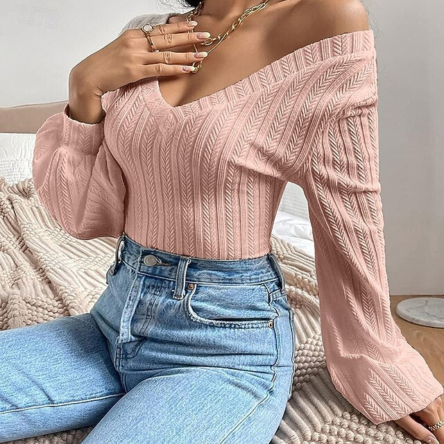 Women's Cable Knit T-Shirt Solid Color Cute Stylish Casual