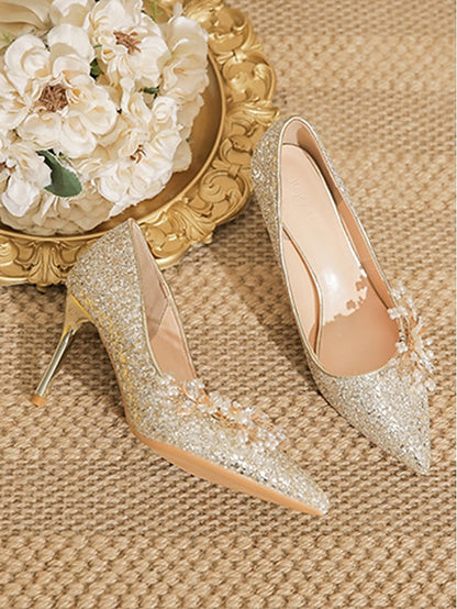 Women's Floral Heels Stiletto Silver with Glitter