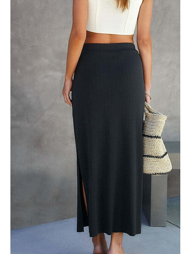 Women's Casual Midi Mid Rise Skirts Plain Split Ends