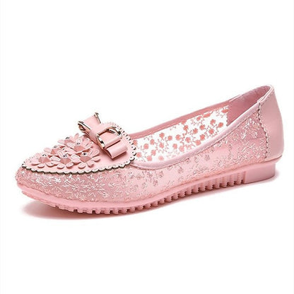 - Flats Bow and Details Pink Floral Lace with Women's
