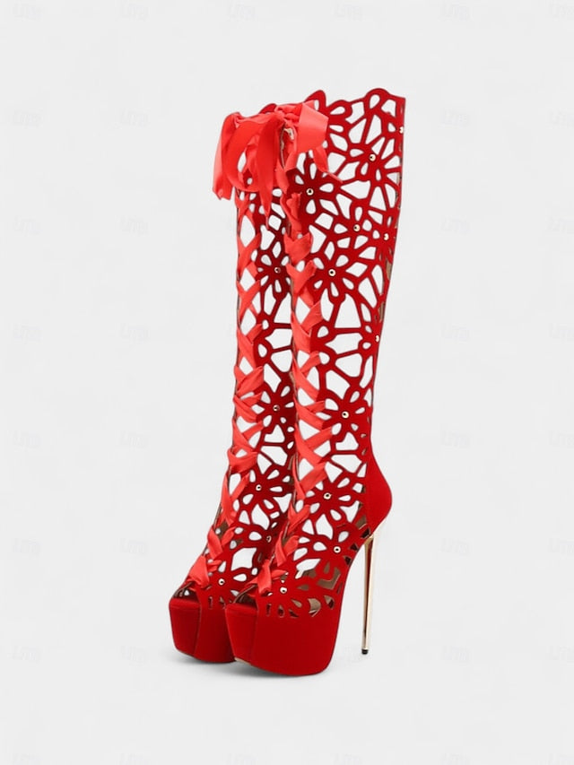 Cutout Peep Knee Boots Sexy Platform Stiletto High Women's