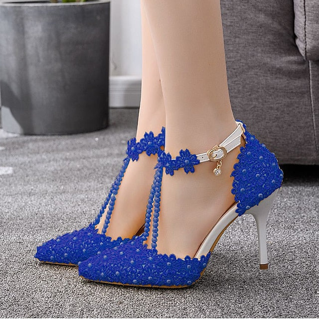 Heel Shoes Women's Wedding High Bridal Lace Pointed