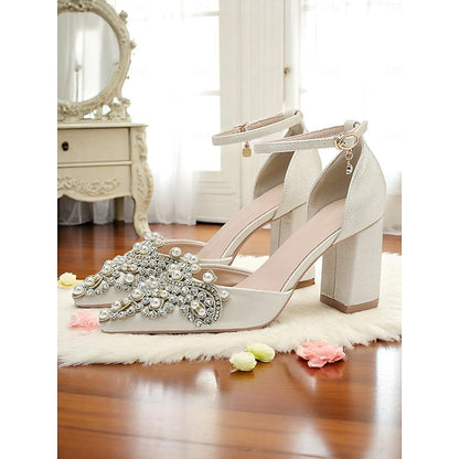 Pearl and Wedding Embellished Women's Heel Block Rhinestone