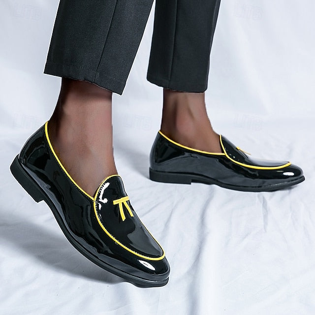 Patent Faux with Trim Loafers Yellow Men's Leather Black