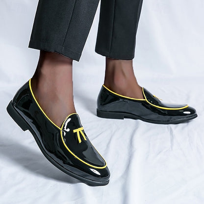 Patent Faux with Trim Loafers Yellow Men's Leather Black
