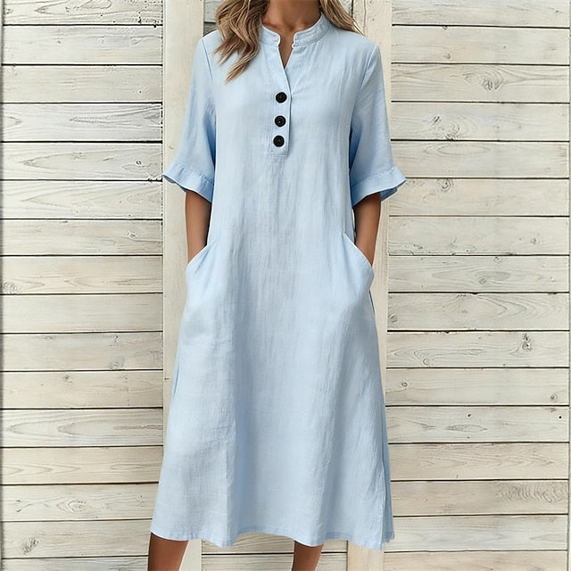 Women's Midi Dress Black Dress Cotton Linen Dress Elegant