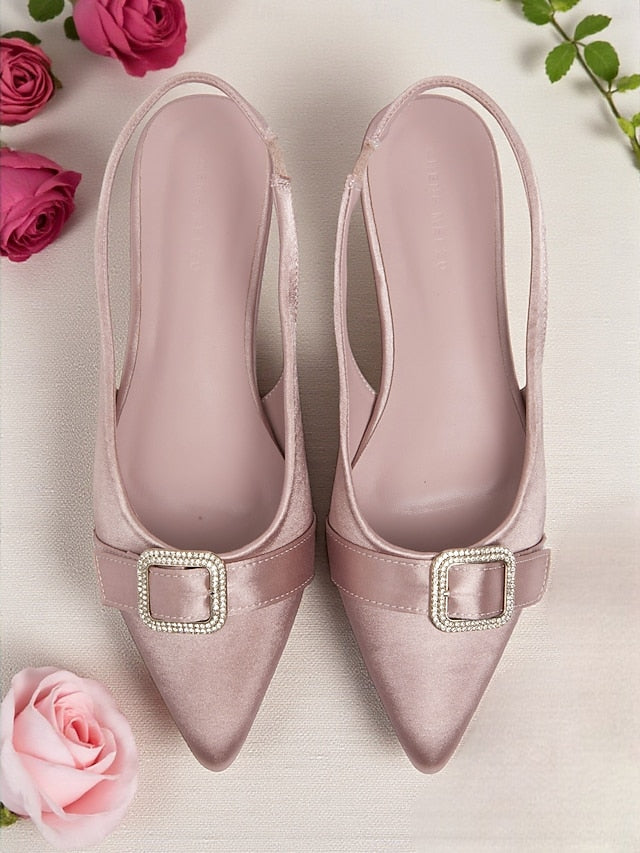 Buckle with Women's Rhinestone Pink Satin Flats Slingback