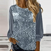 Women's T Shirt Tee Top Sequins Patchwork Solid Color