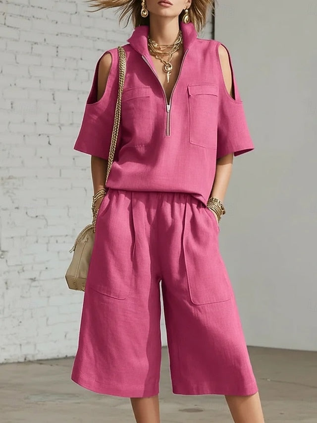 Women's Tracksuit Shorts Sets 3/4 Length Sleeve Shirt
