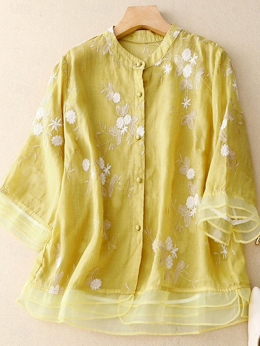 Women's Shirt Cotton Linen Shirts Button Up Blouse Floral