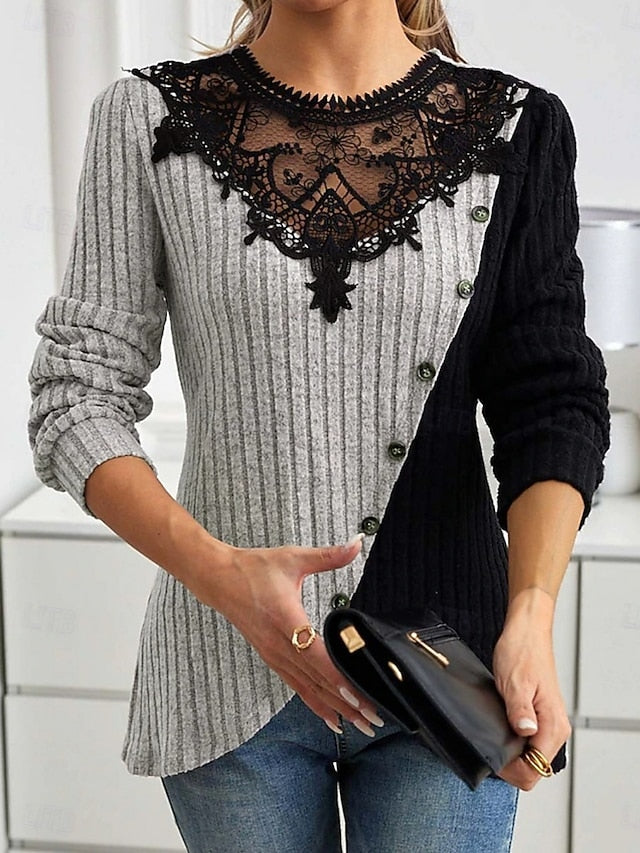 Women's Blouse Lace Patchwork Solid Color Elegant Stylish